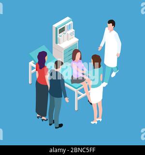 Girl teenager on medical check-up. Parents, daughter, doctors and medical equipments isometric vector illustration Stock Vector