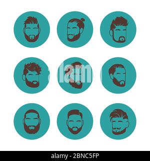 Handsome bearded hipster man faces with mustache and modern male hairstyle vector icons set. Hairstyle male handsome, icon hipster portrait illustration Stock Vector