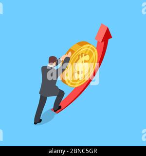 Man helps the dollar to rise vector illustration. Finance isometric concept. Leadership climb and push golden coins Stock Vector