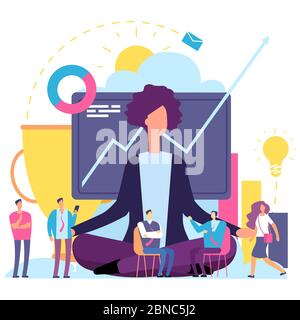 Meditation concept. Businesswoman in emotional mindfulness meditating of work process vector. Yoga office for business woman, pose relax illustration Stock Vector
