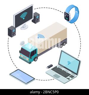 Real time tracking for your cargo trucks isometric vector illustration Stock Vector