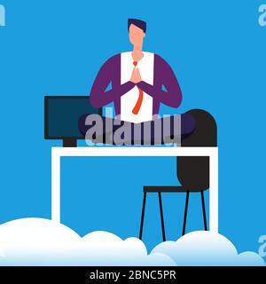 Meditation time on work. Man is meditating over the desk vector illustration. Office relax from work Stock Vector