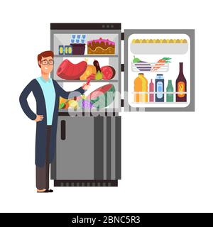 Man thinking snacking sausage at fridge with unhealthy food. People eating at night vector concept. Illustration of male hungry and refrigerator with food and drink Stock Vector