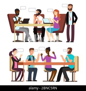 International businesspeople have conversation in different business situations in office. Vector illustration Stock Vector