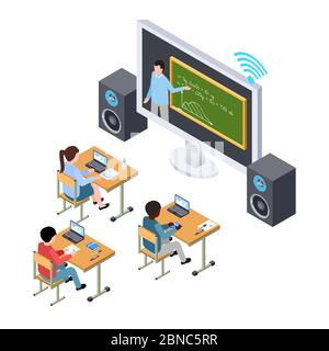 Online education vector concept. International students and teacher on the screen. Illustration of education with computer online Stock Vector