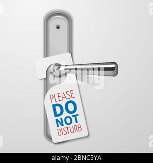 Metallic door handle with do not disturb white black vector. Hotel tag for door illustration Stock Vector