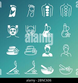 Line and outline massage and relaxing vector icons isolated on green background illustration Stock Vector