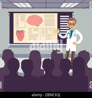 Medical conference vector illustration. Smiling doctor makes a presentation to the public. Doctor medical conference medicine, consultation and meeting presentation Stock Vector