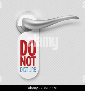 Silver realistic door handle with do not disturb white blank isolated on transparent background illustration Stock Vector