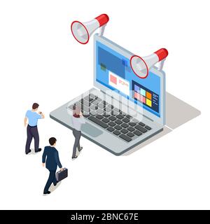 People going in laptop. Online business isometric vector concept. Business people and freelance illustration Stock Vector