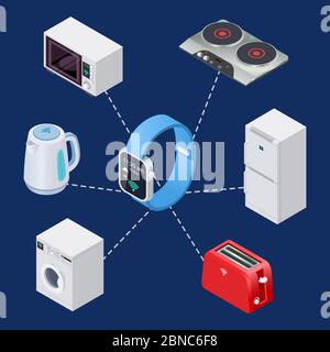 Smart home system with smart clock and house equipment isometric elements. Illustration of house system control with smart watch Stock Vector