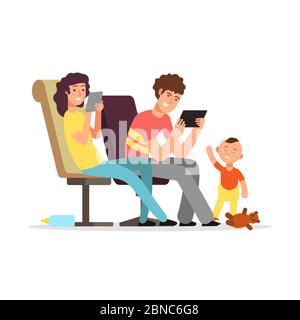 Young parents do not pay attention to child vector illustration. Parent holding gadget, no play with boy, not playing kid Stock Vector