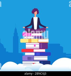 Self education vector concept. Woman sitting in lotus position on the books above the clouds. Illustration of girl character sit on books literature Stock Vector