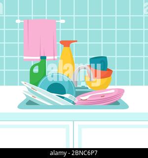 Kitchen sink with dirty plates. Pile of dirty dishes, glasses and wash sponge. Vector illustration. Dirty plate and dish, household work Stock Vector