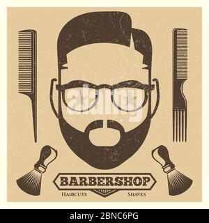 Vintage barbershop poster template. Fashion hipster print or backdrop with male head illustration Stock Vector