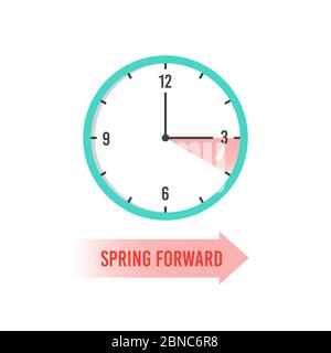 Spring forward. Clock showing daylight saving time. Summer time vector concept. Clock time, change dst on watch illustration Stock Vector