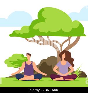Couple meditation in the park. Girl and boy doing yoga on the nature. Woman and man meditation yoga, healthy pose lotus two illustration Stock Vector