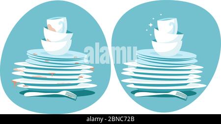 Clean and dirty dishes. Kitchen plates before and after washing. Kitchen utensils wash vector concept. Dirty plate dish, unwashed, dinnerware illustration Stock Vector
