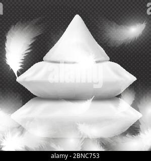 White realistic pillows and flying feathers isolated on transparent background. Vector illustration Stock Vector