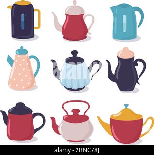 Cartoon kettle set. Teapot with spout kitchenware, household utensils vector collection. Kettle tea, kitchenware for hot beverage illustration Stock Vector