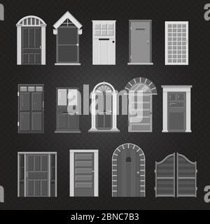 Grey front house doors of collection isolated on transparent background. Vector illustration Stock Vector