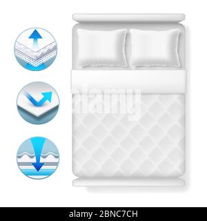 Info icons about bed mattress. Realistic white bed with pillows and blanket isolated on white background. Bed furniture mattress for sleep comfortable illustration Stock Vector