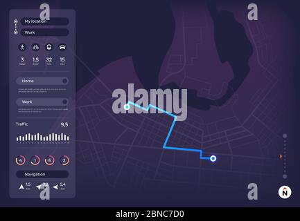 Navigation map. Gps mobile interface with route on city street and location pins. App roadmap tracker vector ui. Navigation street city, town gps route illustration Stock Vector