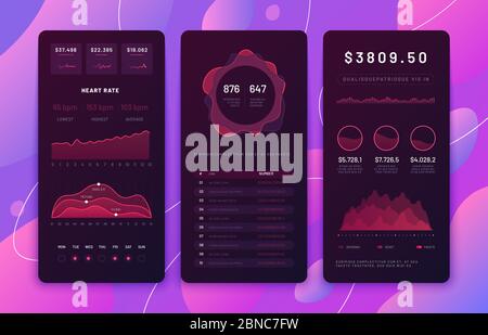 Mobile phone ui design. Forex trading platform panel with statistics chart, diagram calendar. Market graphs. App vector templates. Interface dashboard for smartphone, statistic analysis illustration Stock Vector