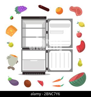 Open empty fridge with healthy food for diet vector illustration isolated on white background Stock Vector