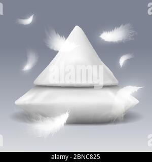 Pyramide from pillows with falling white feathers vector illustration isolated Stock Vector