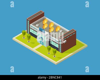 Shopping mall isometric vector design. The shopping center takes in money concept illustration Stock Vector
