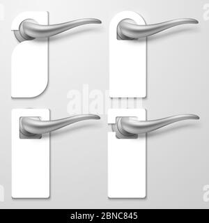 Realistic hotel door handles with white blank plastic hangers vector illustration. Handle door hotel room, warning tag for text Stock Vector