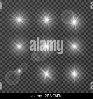 Lens effects. Camera flash light, flare. White light spot glowing sparkles, starlight isolated on transparent background vector set. Illustration of sparkle glow, flash star shine, bright lens Stock Vector