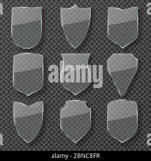 Glass safety shield. Transparent shiny protection shields. Guardian glass badges with refraction isolated vector set. Illustration of secure and safety glass shield Stock Vector