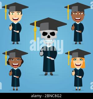 Set graduate student smiling holding diploma thumbs up black and white males and females skeleton with hat and suit. Stock Vector