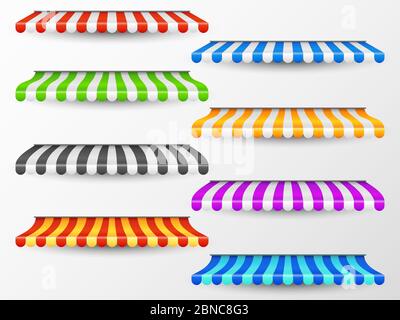 Shop awning. Vintage shop sunshade red summer baldaquin. Outdoor awnings isolated collection. Shop awning, market sunshade stripe illustration Stock Vector