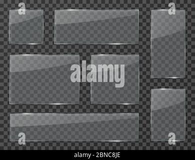 Glass transparent banners. Clear window glass with reflection. Plastic badges or plates with transparency vector isolated set. Empty glass shape, square plastic frame illustration Stock Vector