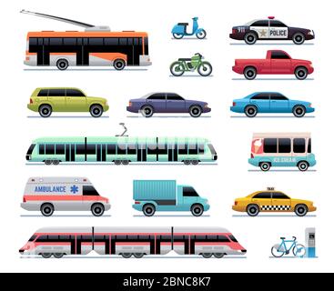 City transport. Cartoon car, bus and truck, tram. Train, trolleybus and scooter. Urban vehicle vector transportation collection. Illustration of transport bus and tram, ambulance machine Stock Vector