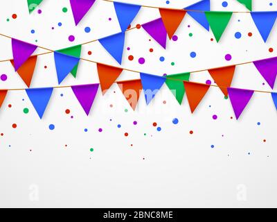 Party flag garland with confetti. Kids birthday, circus carnival fiesta invitation vector retro background. Illustration of party decoration, flag and confetti, holiday and garland Stock Vector