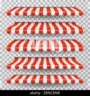 Store awning. Grocery market striped roofs. Red and white shop canopy. Restaurant window tent vector isolated set. Awning market striped for store and shop illustration Stock Vector