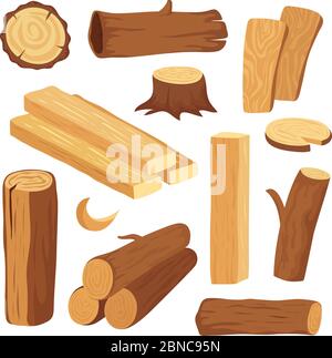 Cartoon timber. Wood log and trunk, stump and plank. Wooden firewood logs. Hardwoods construction materials vector isolated set. Illustration of firewood and timber natural Stock Vector