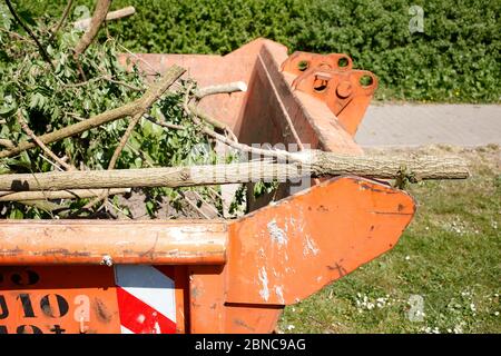 Orange dumpster with plant waste standing in a meadow, Germany, Europe Stock Photo