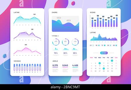 Mobile phone ui. Control panel with statistics charts, diagrams calendar. Market annual graphs. Phone app vector templates. Mobile phone ui, graph and diagram statistic illustration Stock Vector