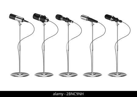 Microphones. Voice amplification audio equipment. Broadcast, concert and interview microphone on stand. Isolated vector set. Illustration of mic for speech, microphone record Stock Vector