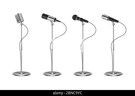 Microphone set. Standing microphones audio equipment. Concept and karaoke music mics vector isolated collection. Illustration of sound equipment mic, microphone for record Stock Vector
