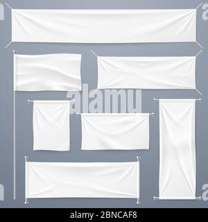 Textile banners. White blank cloth horizontal, vertical banners and flag. Fabric advertising ribbons and posters vector template. White textile sheet, material canvas hanging illustration Stock Vector
