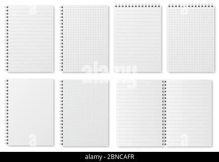 Notebook paper sheets. Sketchbook blank pages with variety of lines and dots. Notepad vector isolated mockup. Illustration of notebook and notepad, note sheet document Stock Vector