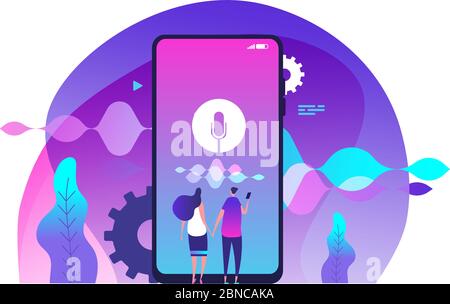 Voice assistance concept. Voice controlled intelligent home speaker and voice assistant vector illustration. Assistance controlled home with app assistant voice Stock Vector