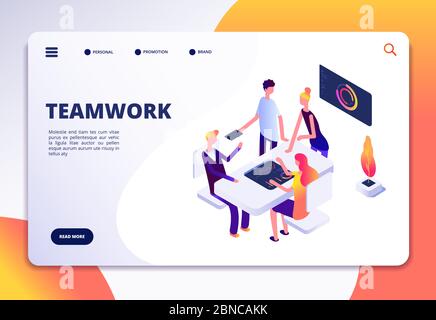 Workspace isometric landing page. People team work in office. Partnership, business process persons working together vector concept. Illustration of teamwork and team working 3d Stock Vector