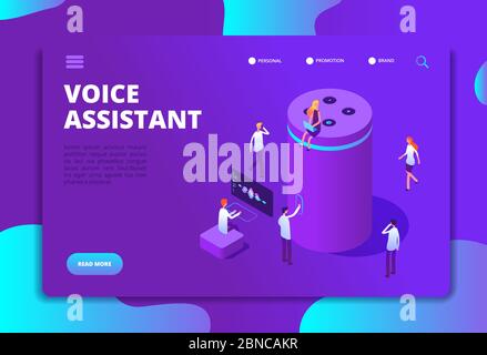 Smart speaker concept. Voice assistant, 4ir digital command center and 3d answer. Isometric vector illustration. Voice assistant and control, smart device intelligence speaker Stock Vector